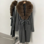 OFTBUY Women's Luxury Brown Knit Cardigan with Real Fox Fur Collar Belted Sweater Coat Female New Fashion Warm Winter Outerwear