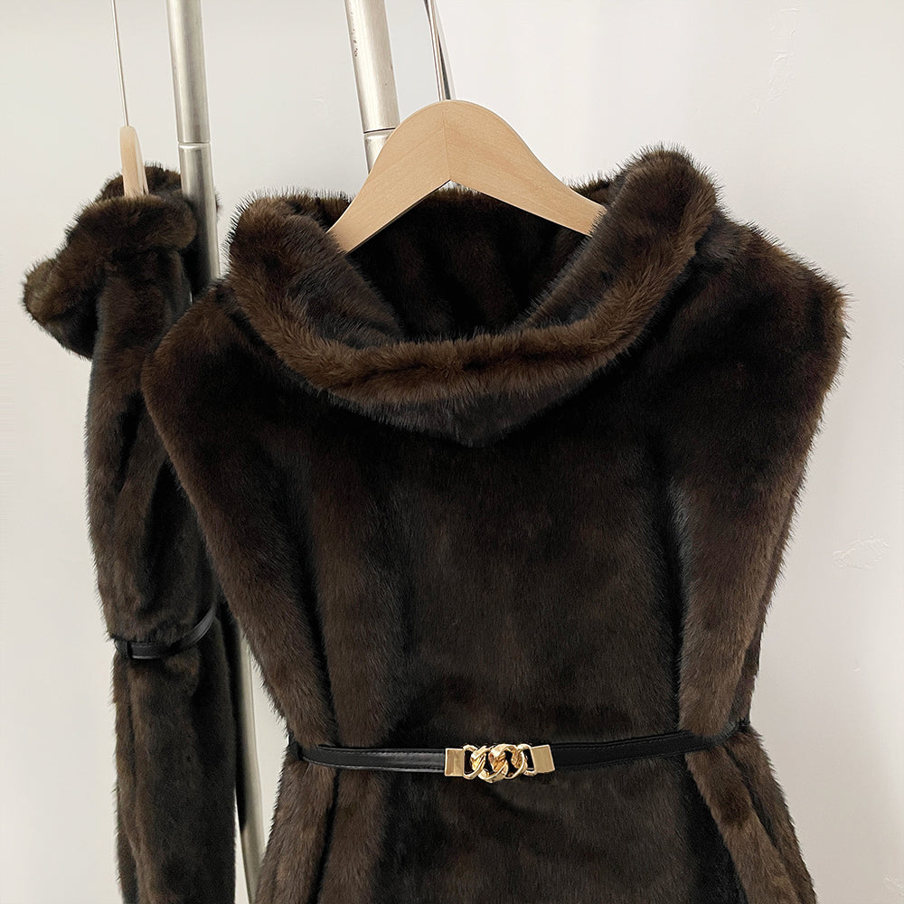 OFTBUY Luxury Sleeveless Faux Fur Jacket Women Fashion New Autumn Winter Fake Fur Clothes Female Warm Thick Belt Artificial Fur Coat
