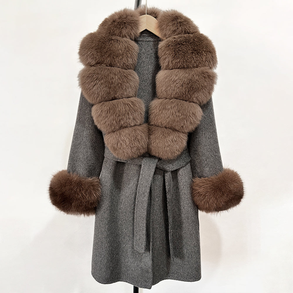 OFTBUY New Autumn Winter Top Clothes Women Belt Natural Fur Wool Coat Female Fashion Warm Woolen Jacket with Real Fox Fur Collar