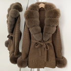 OFTBUY Belted Waist Striped Texture Pockets New Women's Knit Coat with Large Real Fox Fur Collar Winter Luxury Elegant Outerwear