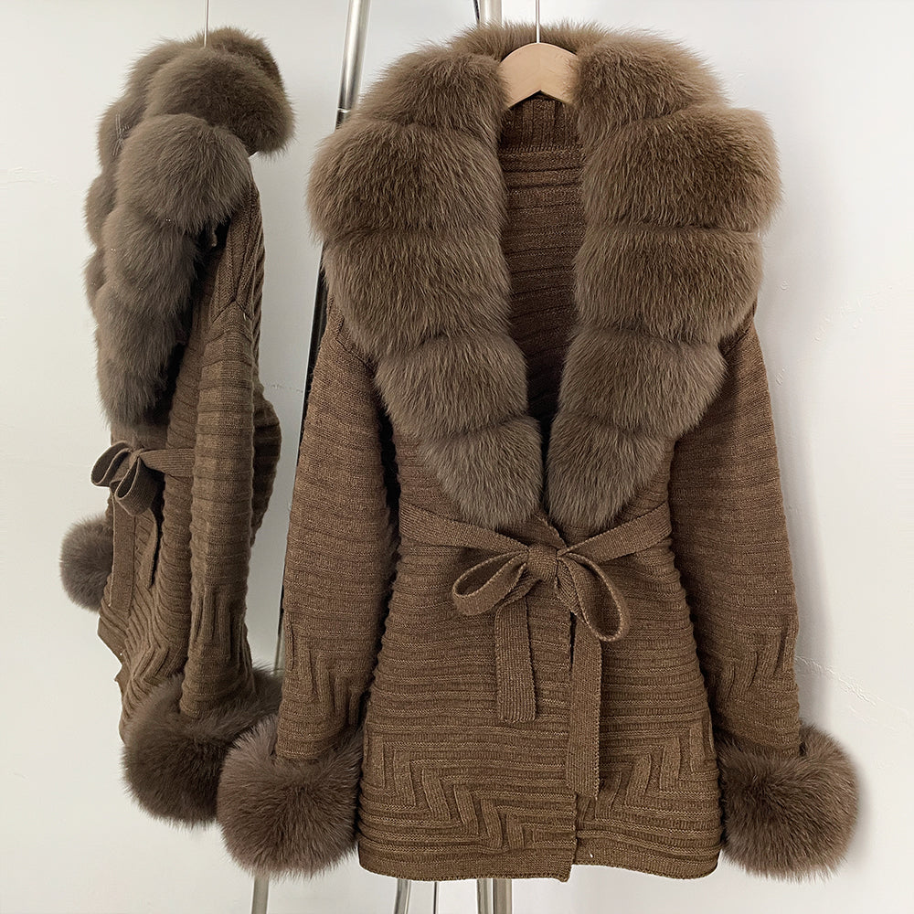OFTBUY Belted Waist Striped Texture Pockets New Women's Knit Coat with Large Real Fox Fur Collar Winter Luxury Elegant Outerwear