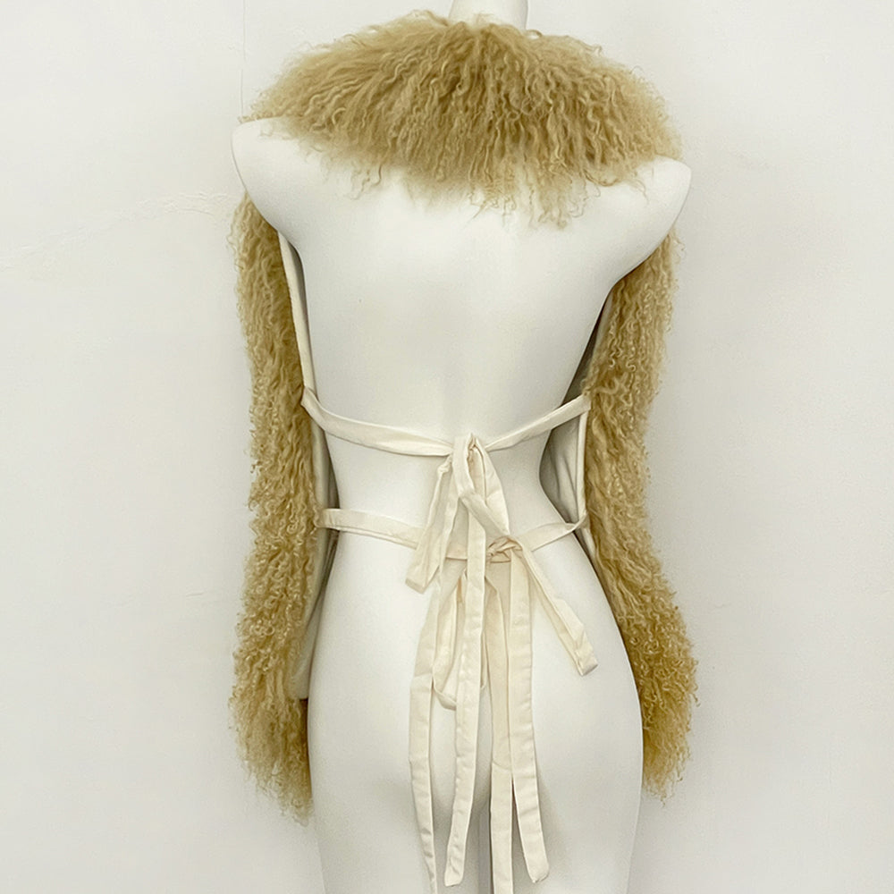OFTBUY Solid Deep V-Neck Backless Bandage Sleeveless Jackets Fluffy Luxury Real Mongolian Fur Halter Vests Women Outerwear Coat
