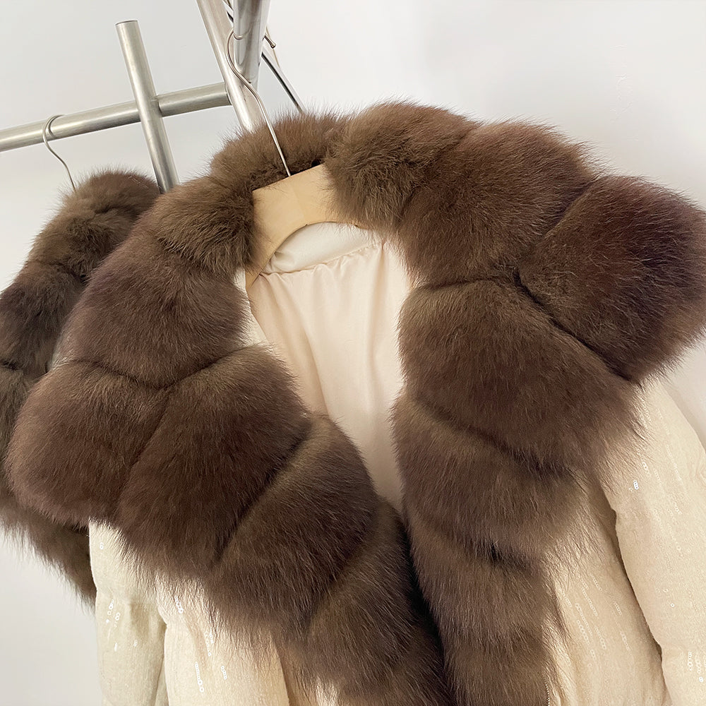 OFTBUY Sequined Duck Down Coat Female New Women's Short Puffer Jacket with Real Fox Fur Collar  Luxury Sparkly Winter Outerwear