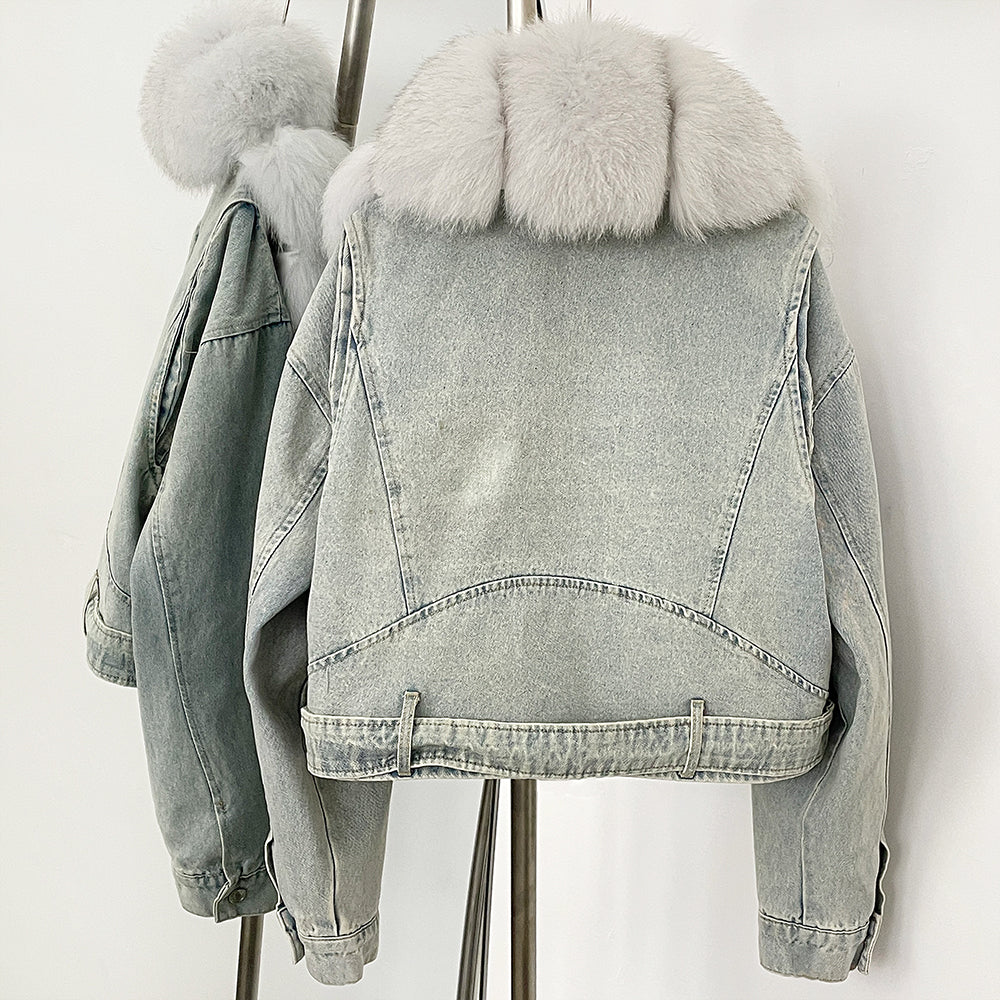 OFTBUY Real Fox Fur Collar Down Inner Lid Denim Jacket Female New Fashion Thick Warm Clothes Women Short Fluffy Puffer Jacket