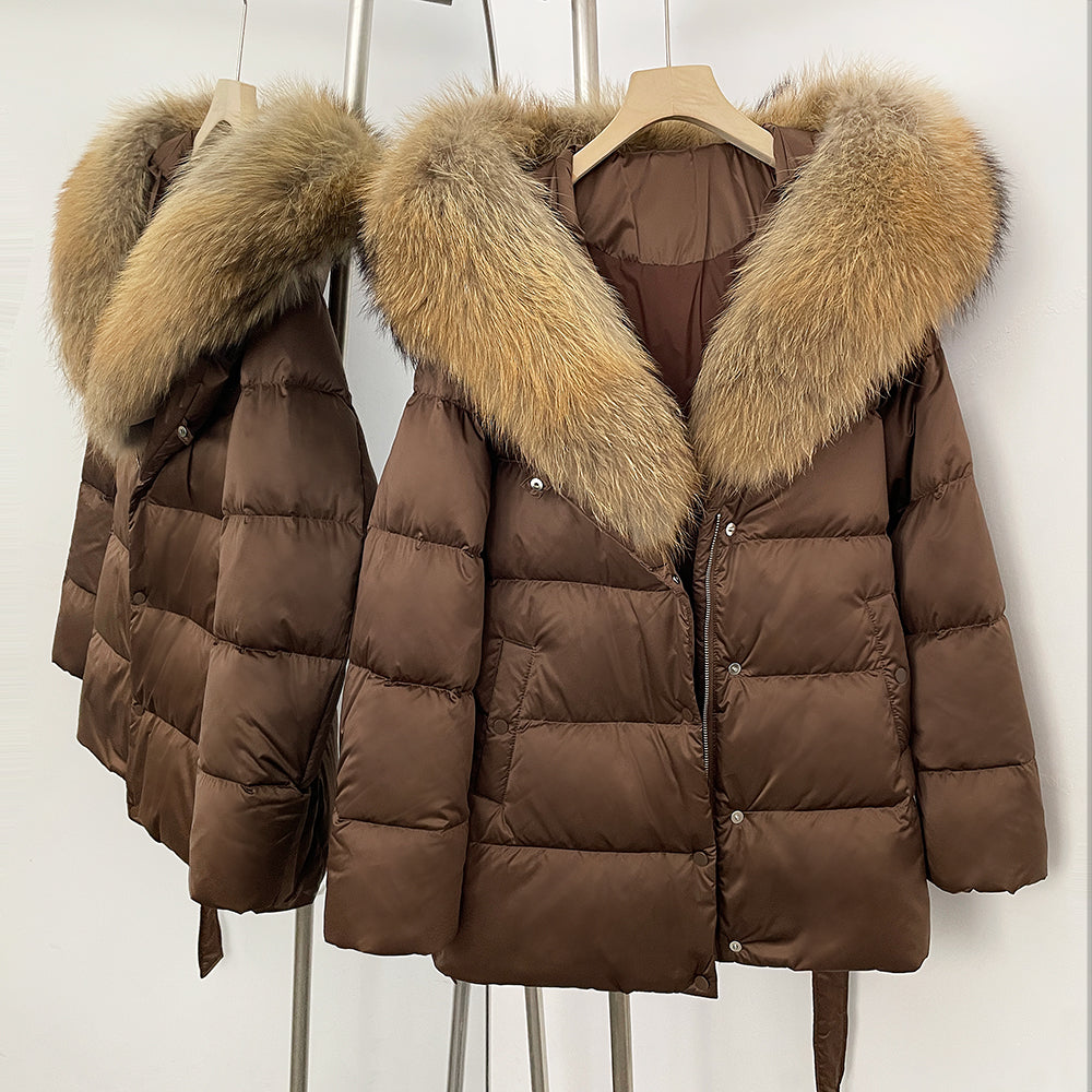 OFTBUY New Women's Duck Down Jacket with Large Real Fox Fur Hood Belted Waist Warm Winter Puffer Coat Lady Luxury Outerwear