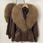 OFTBUY New Spring Autumn Faux Leather Jacket Female Real Mongolia Sheep Fur Pu Leather Coat Women Luxury Fashion Streetwear