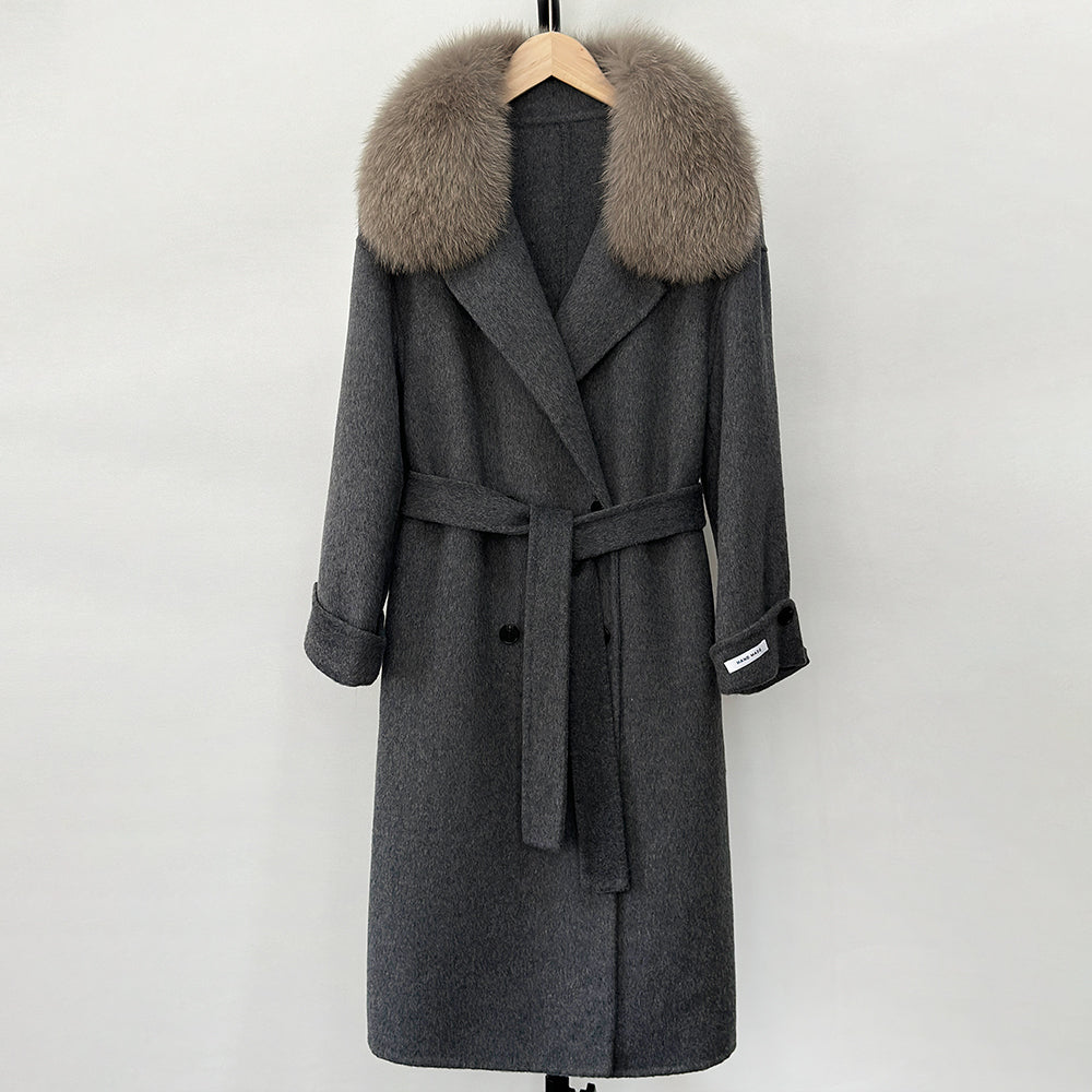 OFTBUY Winter Clothes Women Large Natural Fox Fur Jacket Long Wool Blends Cashmere Coat Belt Female Warm Woolen Streetwear