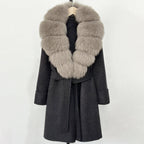 OFTBUY Natural Real Fox Fur Wool Blends Coat Women New Belt Pocket Winter Jacket Female Loose Woolen Outerwear Streetwear