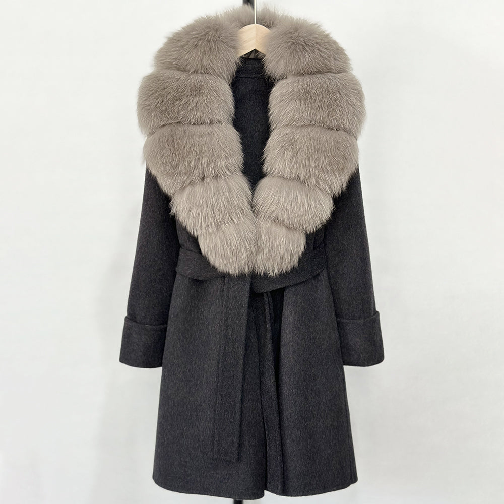 OFTBUY Natural Real Fox Fur Wool Blends Coat Women New Belt Pocket Winter Jacket Female Loose Woolen Outerwear Streetwear