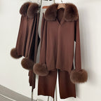 OFTBUY New Autumn Winter Clothing Women Fashion Real Fox Fur Collar Sweater Suit Female Raccoon Fur Pullovers Trousers Set Lady