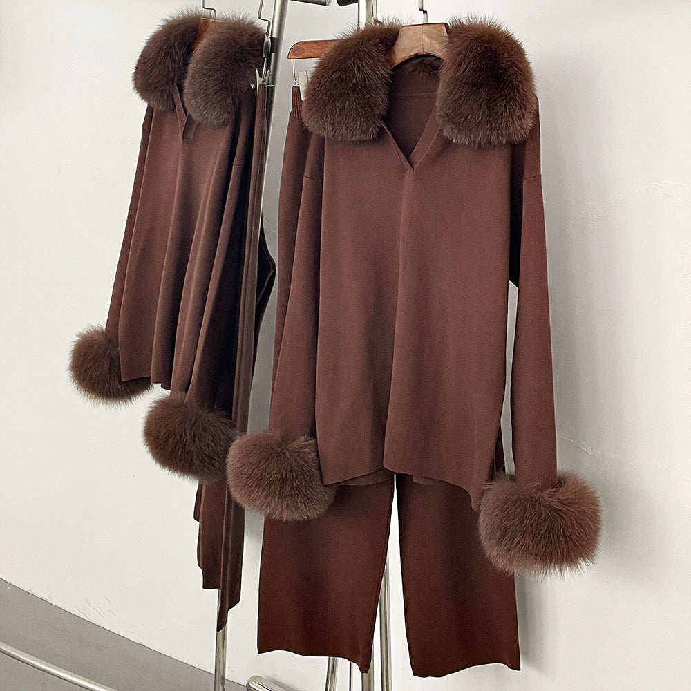 OFTBUY New Autumn Winter Clothing Women Fashion Real Fox Fur Collar Sweater Suit Female Raccoon Fur Pullovers Trousers Set Lady