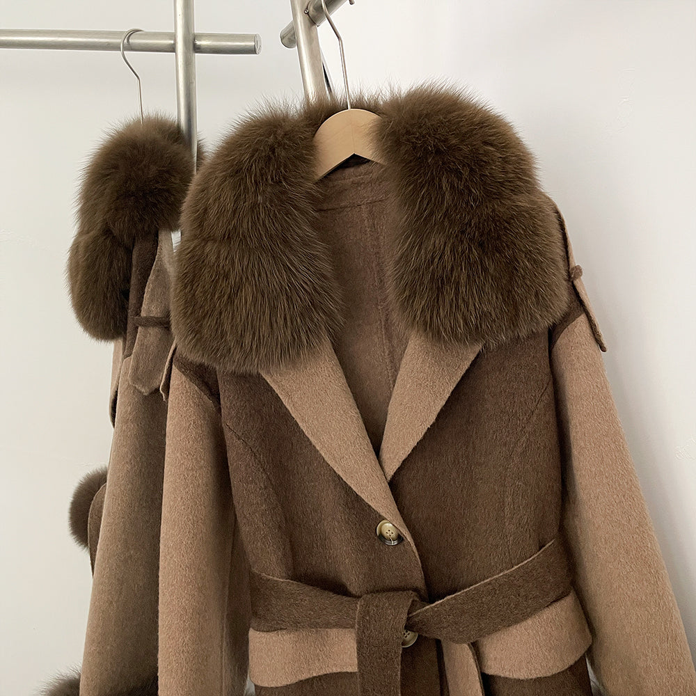 OFTBUT New Winter Clothing Women Natural Fox Fur Cashmere double-faced Woolen Jacket Long Single-breasted Belt Wool Coat Female
