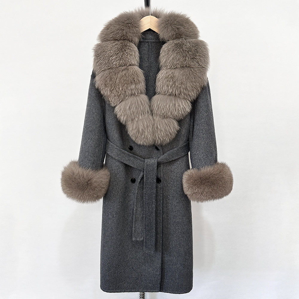 OFTBUY Wholesale New Autumn Winter Clothes Long Natural Woolen Coat Women Fashion Warm 100% Wool Real Fox Fur Jacket Overcoat