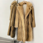 OFTBUY Luxury Long-Line Notch Lapel Faux Fur Coat - Elegant Winter Vegan Fur Overcoat