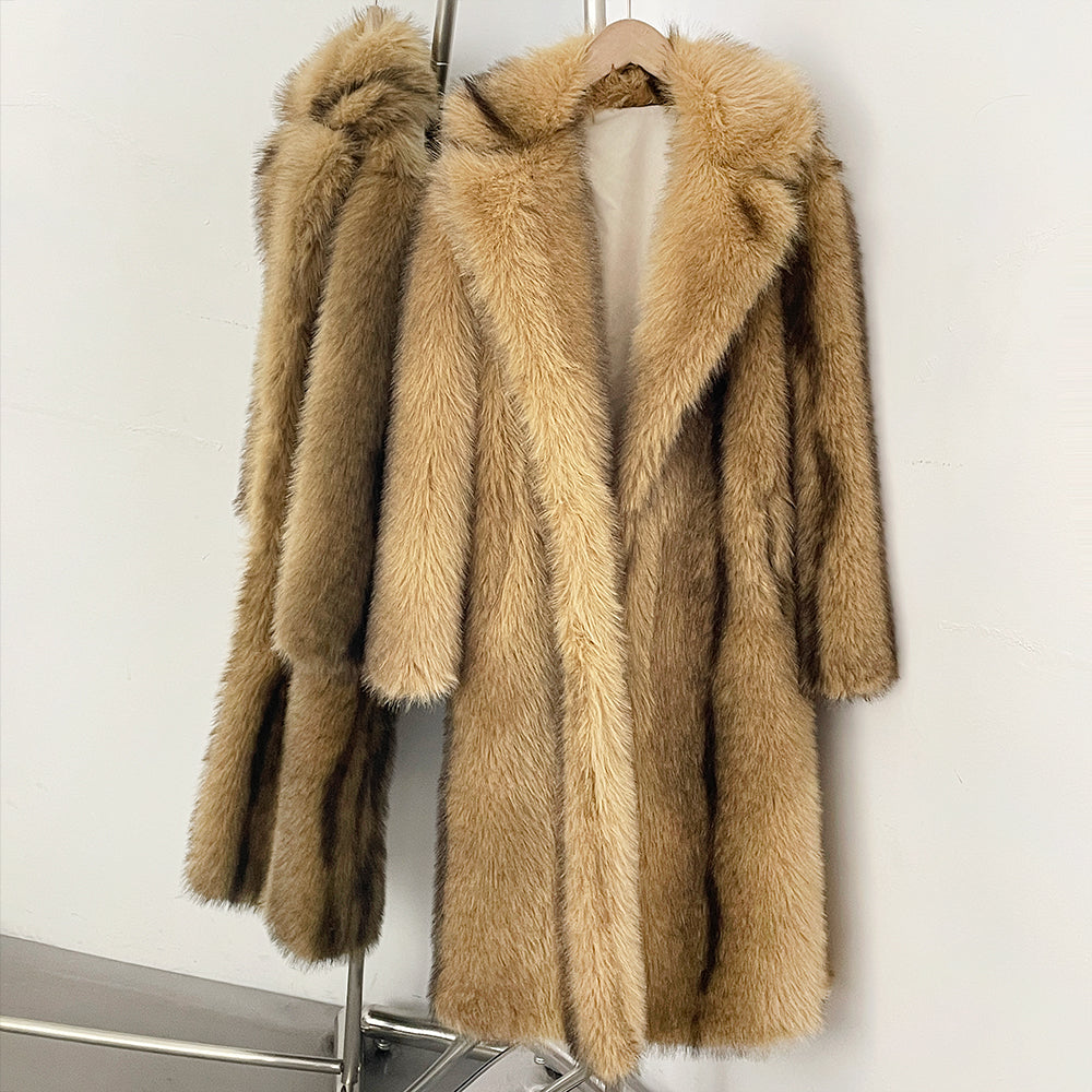 OFTBUY Luxury Long-Line Notch Lapel Faux Fur Coat - Elegant Winter Vegan Fur Overcoat