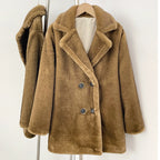 Vintage camel double breasted faux mink fur mid coat with oversized notched lapel