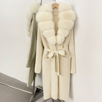OFTBUY Women's Luxury Brown Knit Cardigan with Real Fox Fur Collar Belted Sweater Coat Female New Fashion Warm Winter Outerwear
