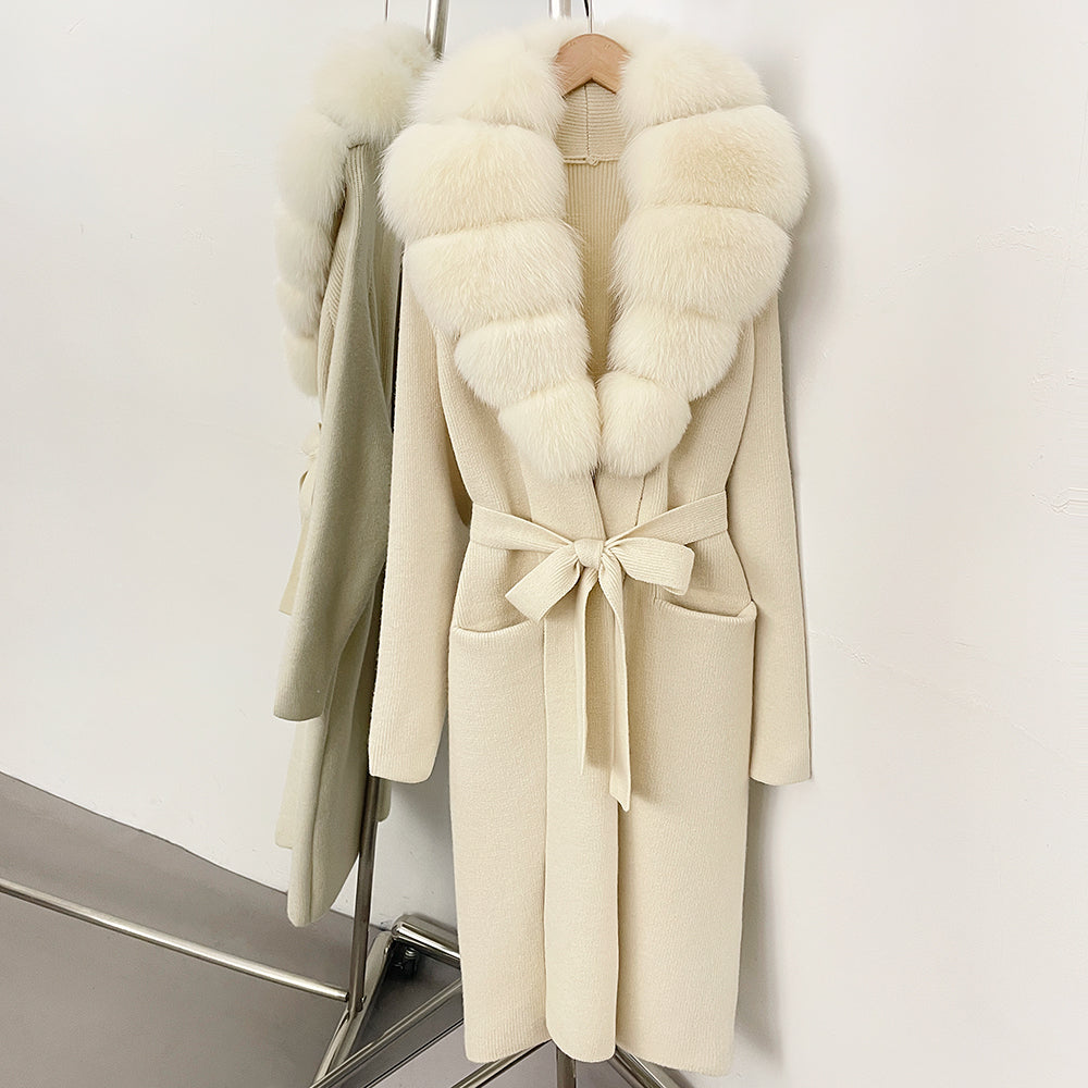 OFTBUY Women's Luxury Brown Knit Cardigan with Real Fox Fur Collar Belted Sweater Coat Female New Fashion Warm Winter Outerwear