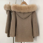 OFTBUY New Women's Wool Coat with Large Real Fox Fur Hooded Trim Long Sleeve Warm Winter Elegant Fashion Outerwear Woolen Cape