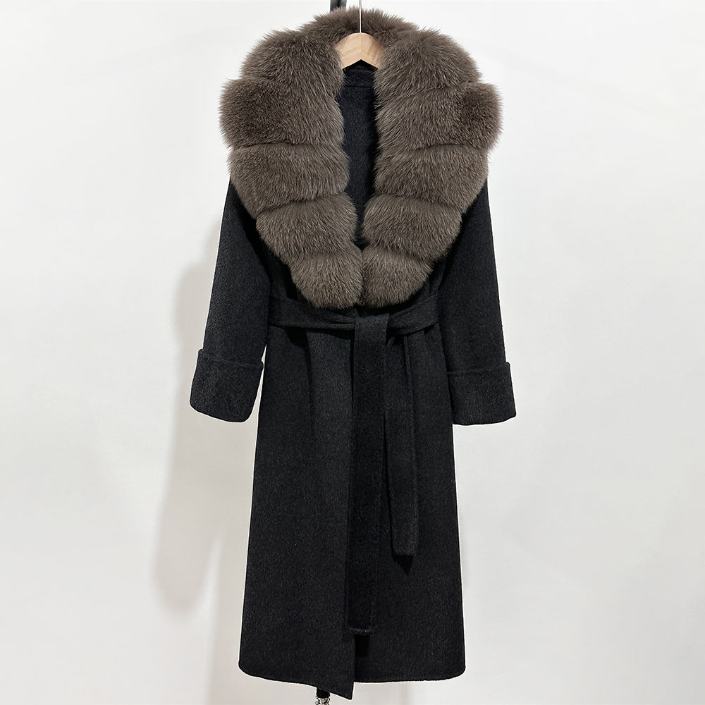 OFTBUY Long Belt 100% Wool Coat with Real Fox Fur Collar Warm Natural Fur Woolen Jacket Female New Autumn Winter Clothing Women
