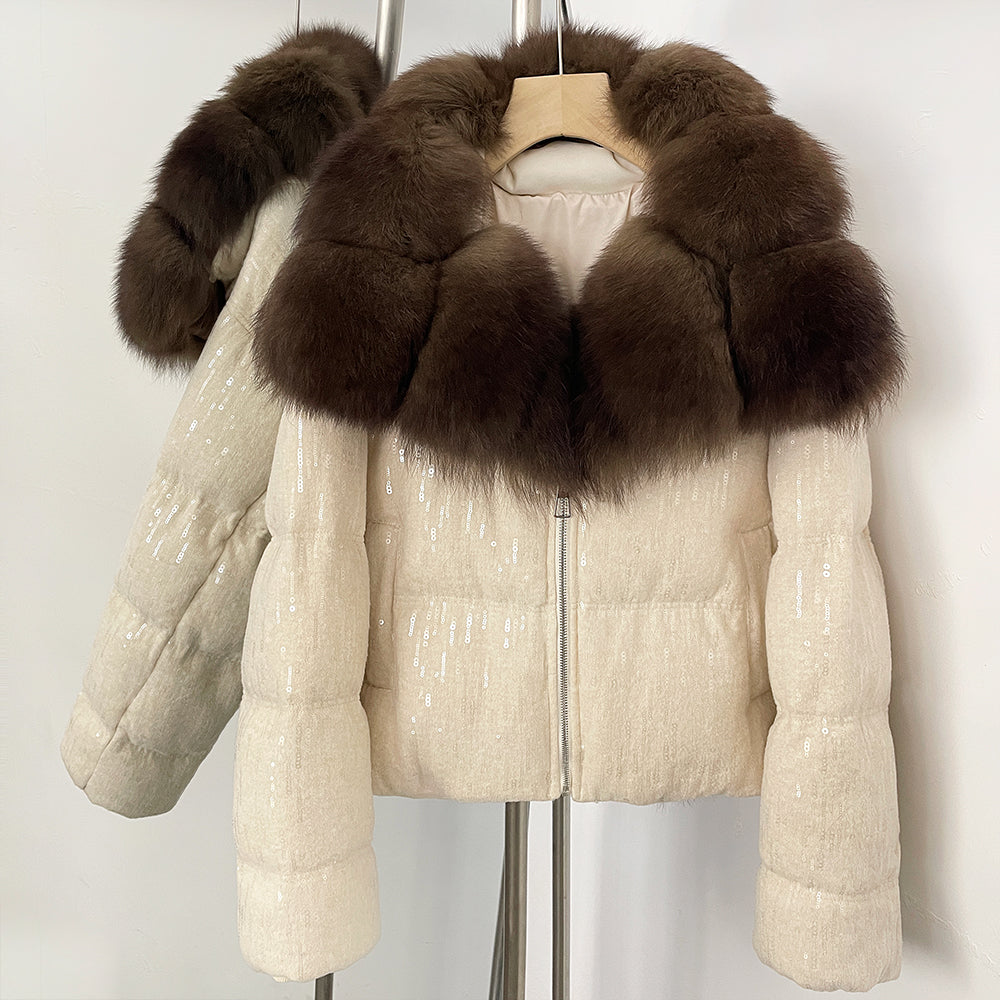 OFTBUY Sequined Duck Down Coat Female New Women's Short Puffer Jacket with Real Fox Fur Collar  Luxury Sparkly Winter Outerwear