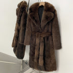 OFTBUY Luxury Long-Length Belted Faux Fur Coat - Premium Vegan Silver Fox Style Overcoat with Oversized Lapel