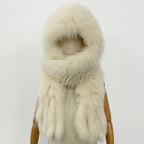 OFTBUY Hot Sales Fashion Fluffy White Natural Fox Fur Hat with Scarf Women Winter Female Thickened Warm Long Real Fur Cap Child