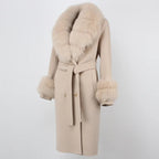 OFTBUY Winter Jacket Women Long Natural Wool Blends Cashmere Real Fur Coat Double Breasted Belt Warm Streetwear New Fashion