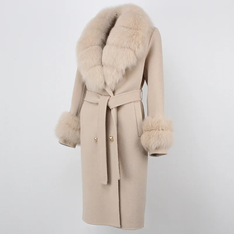 OFTBUY Winter Jacket Women Long Natural Wool Blends Cashmere Real Fur Coat Double Breasted Belt Warm Streetwear New Fashion
