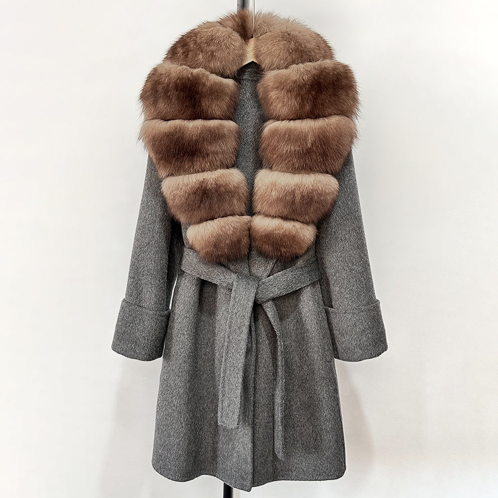 OFTBUY Natural Real Fox Fur Wool Blends Coat Women New Belt Pocket Winter Jacket Female Loose Woolen Outerwear Streetwear