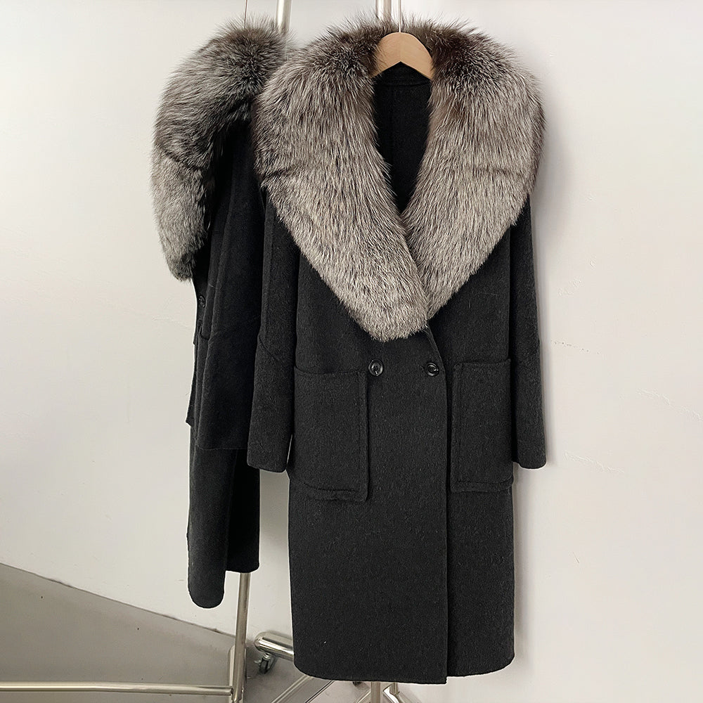 OFTBUY Double Breasted Pockets Long Luxury Warm Winter Outerwear New Women's Double-Faced Wool Coat with Real Fox Fur Collar