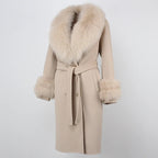 OFTBUY Winter Jacket Women Long Natural Wool Blends Cashmere Real Fur Coat Double Breasted Belt Warm Streetwear New Fashion