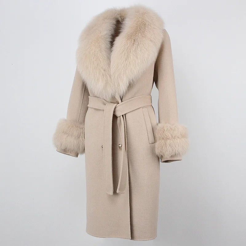 OFTBUY Winter Jacket Women Long Natural Wool Blends Cashmere Real Fur Coat Double Breasted Belt Warm Streetwear New Fashion