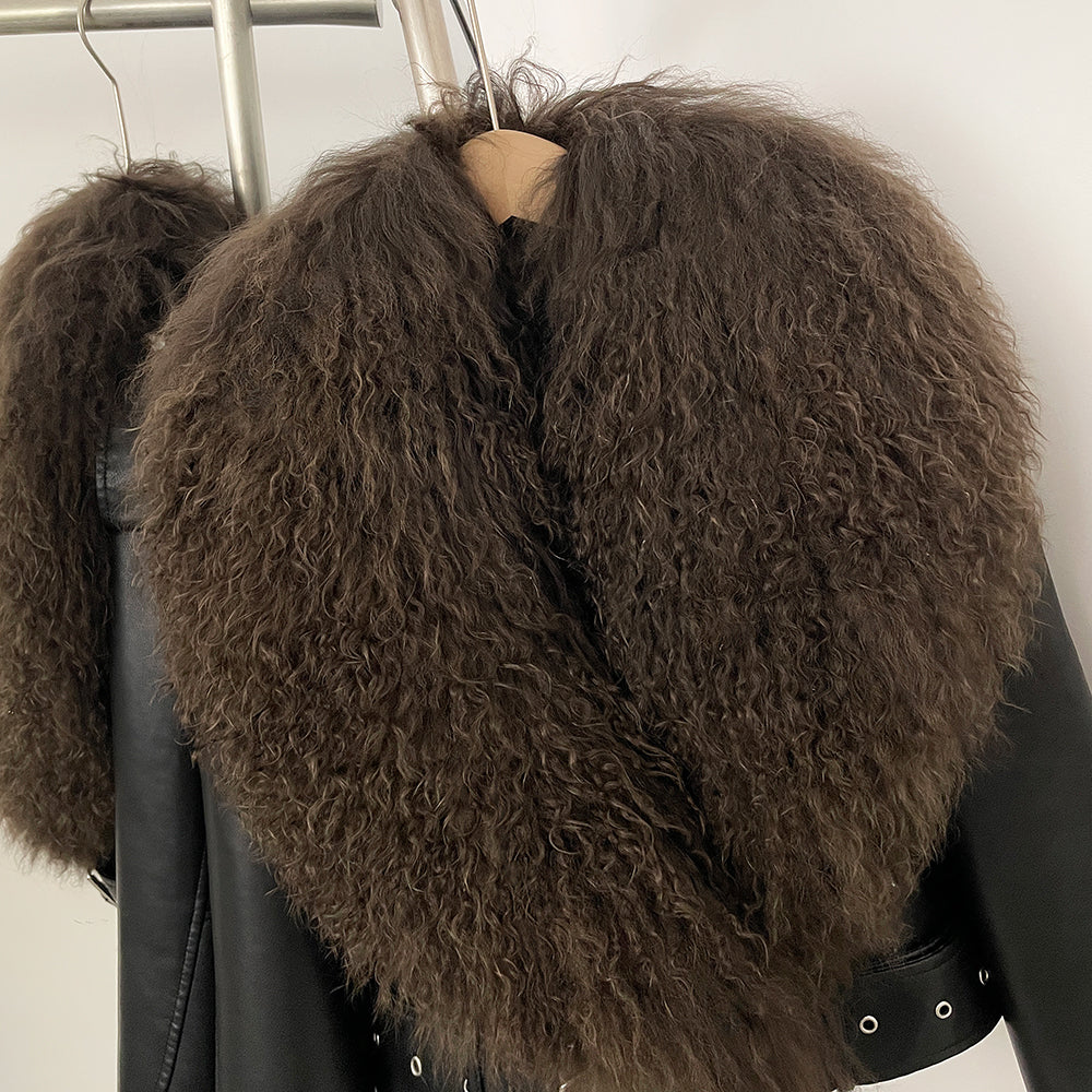 OFTBUY New Autumn Winter Clothes Women Fashion Warm Short Faux Leather Jacket Female Luxury Real Mongolia Sheep Fur Collar Coat