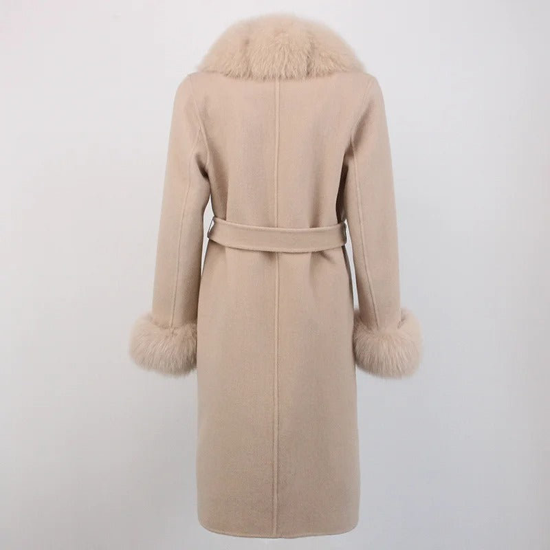 OFTBUY Winter Jacket Women Long Natural Wool Blends Cashmere Real Fur Coat Double Breasted Belt Warm Streetwear New Fashion