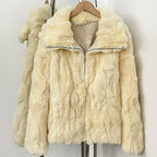 OFTBUY Luxury Zip Up Real Rabbit Fur Short Jacket - Oversized Fold Collar Solid Genuine Rabbit Fur Winter Coat