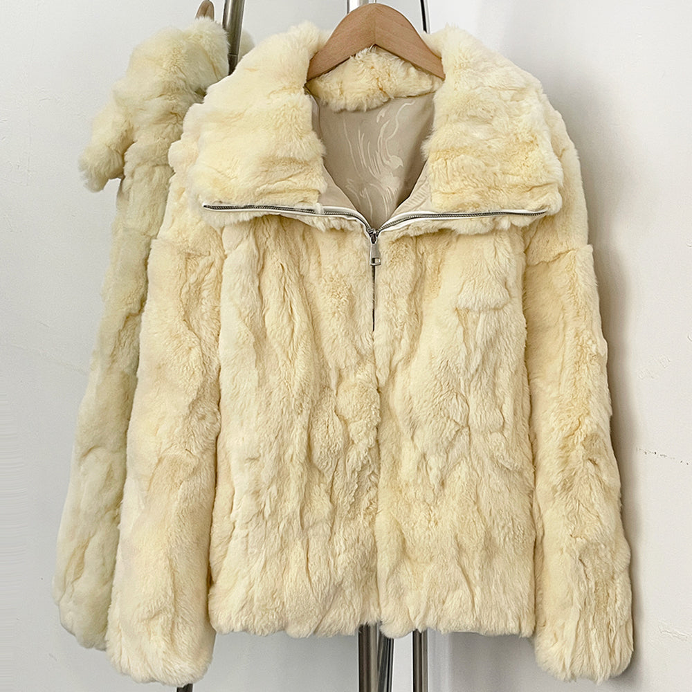 OFTBUY Luxury Zip Up Real Rabbit Fur Short Jacket - Oversized Fold Collar Solid Genuine Rabbit Fur Winter Coat