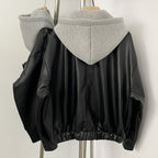 OFTBUY Detachable Hood Color Block Design New Women's Faux Leather Bomber Jacket Zipper Elastic Hem Casual Streetwear Outerwear