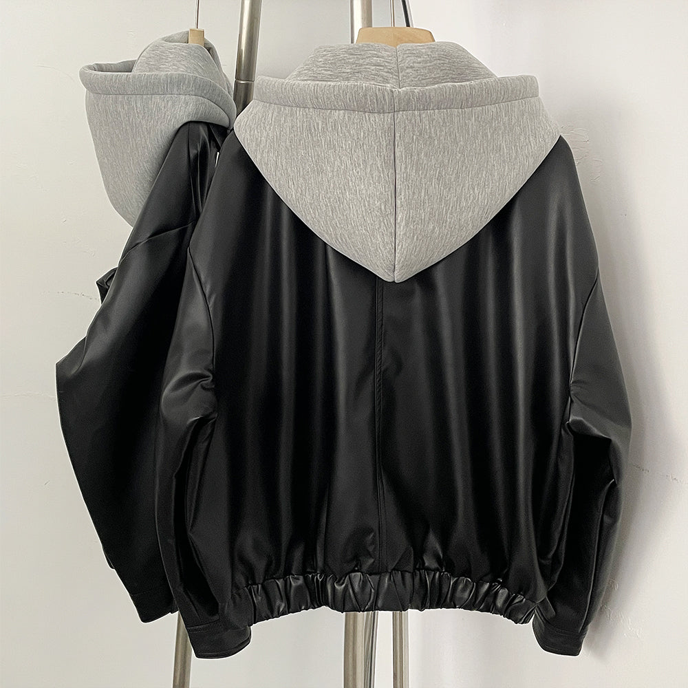 OFTBUY Detachable Hood Color Block Design New Women's Faux Leather Bomber Jacket Zipper Elastic Hem Casual Streetwear Outerwear