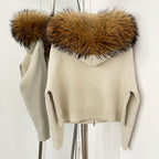 OFTBUY New Women's Beige Knit Hoodie with Large Real Fox Fur Trim Zipper Pockets Warm Winter Fashion Casual Outerwear Lady