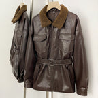 OFTBUY New Women's Faux Leather Jacket with Teddy Fur Collar Belted Waist Pockets Vintage Streetwear Fashion Outerwear Female
