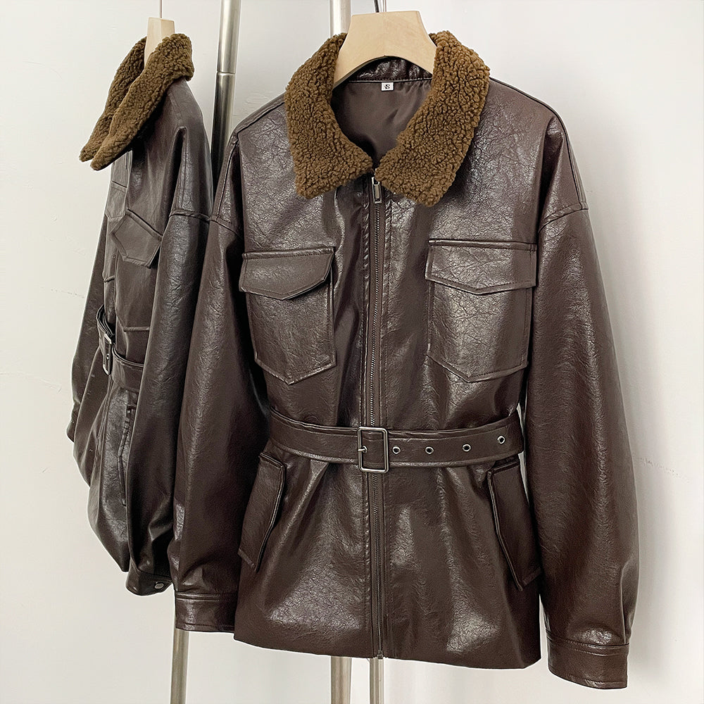 OFTBUY New Women's Faux Leather Jacket with Teddy Fur Collar Belted Waist Pockets Vintage Streetwear Fashion Outerwear Female