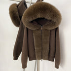 Rich coffee brown knitted fur jacket showing the soft texture and oversized fur hood