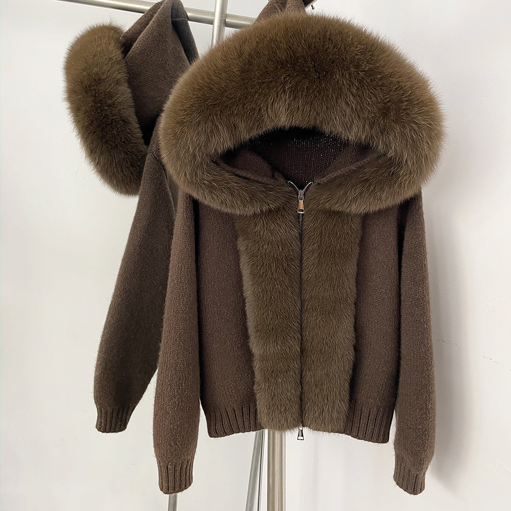 Rich coffee brown knitted fur jacket showing the soft texture and oversized fur hood