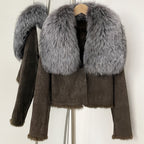 OFTBUY Luxury Suede Jacket with Real Rabbit Fur Lining & Oversized Fox/Raccoon Fur Collar