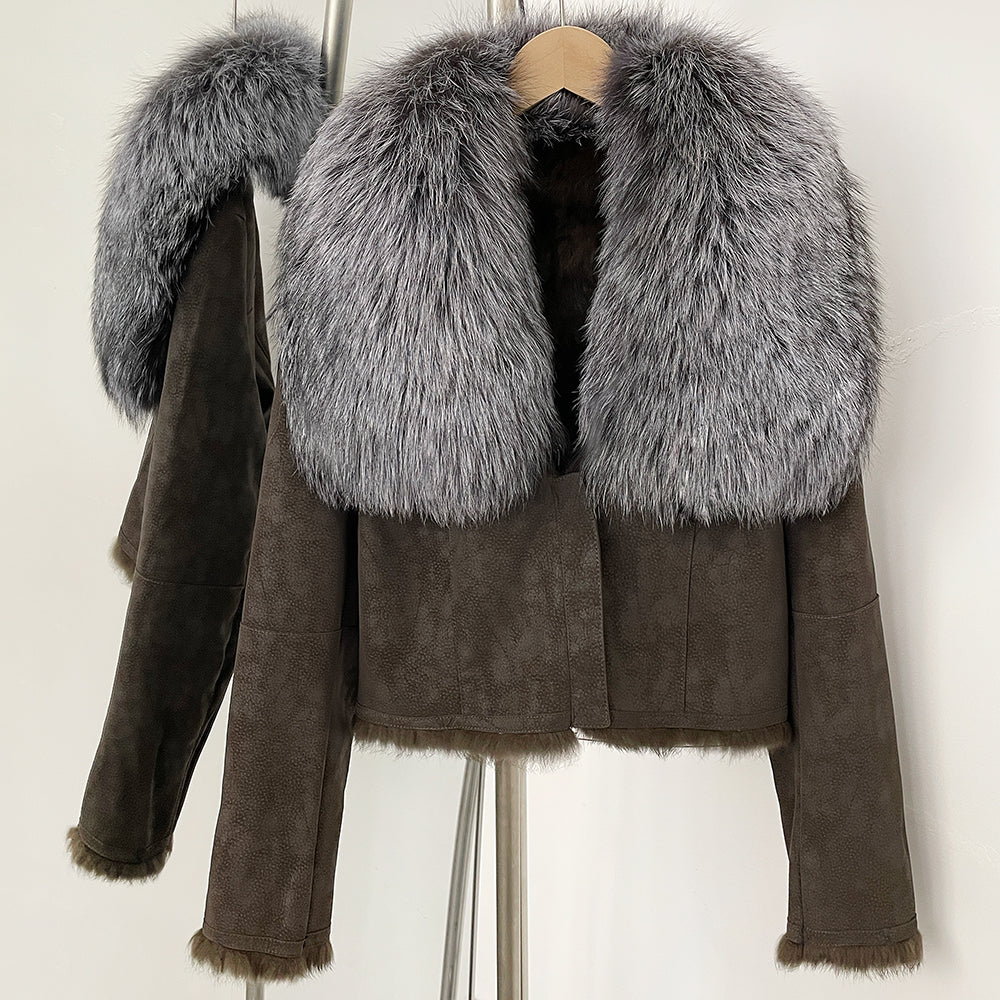 OFTBUY Luxury Suede Jacket with Real Rabbit Fur Lining & Oversized Fox/Raccoon Fur Collar