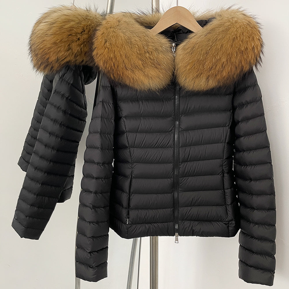 OFTBUY Hooded Slim Real Fox Fur Collar Fluffy Puffer Jacket Women New Winter Short Top Clothing Female Fur White Duck Down Coat