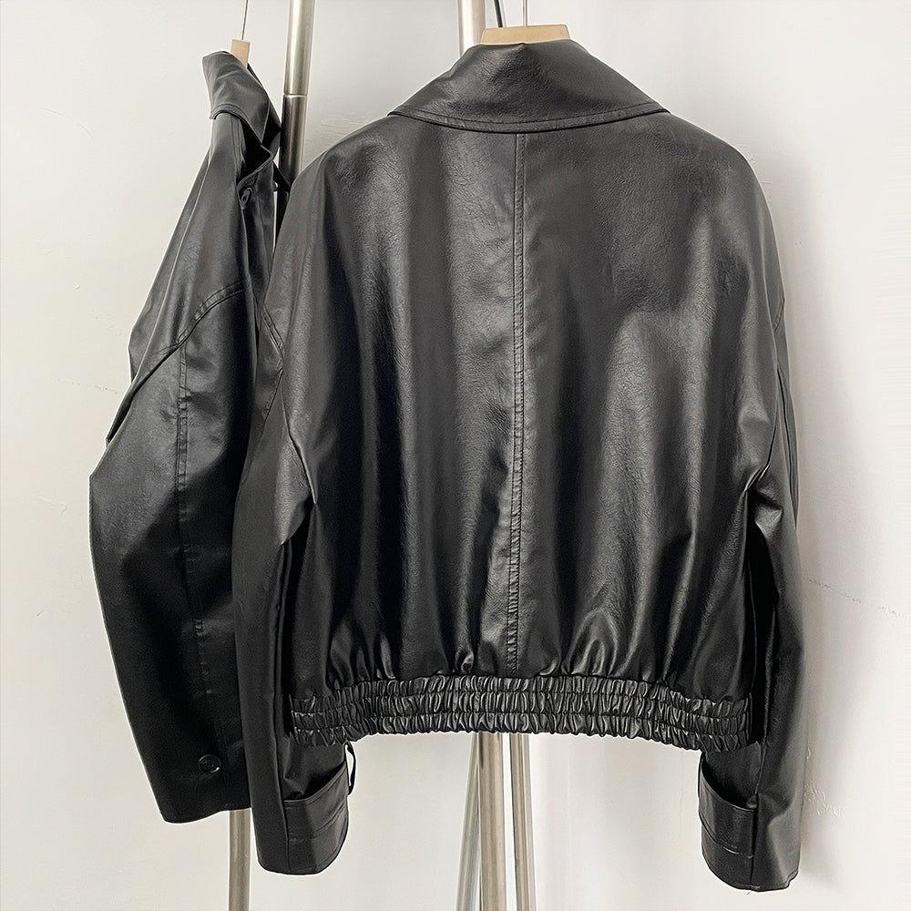 OFTBUY New Women's Clothes Faux Leather Jacket Lapel Collar Button Coat Female Elastic Hem Streetwear Fashion Casual Outerwear