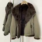 OFTBUY Reversible Real Rabbit Fur Lined Short Bomber Jacket - Oversized Wide Genuine Fox Fur Collar Windproof Outer Shell Winter Coat