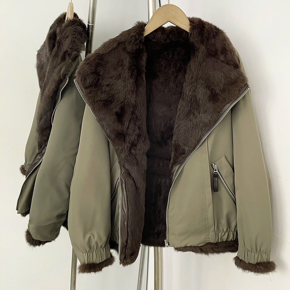 OFTBUY Reversible Real Rabbit Fur Lined Short Bomber Jacket - Oversized Wide Genuine Fox Fur Collar Windproof Outer Shell Winter Coat